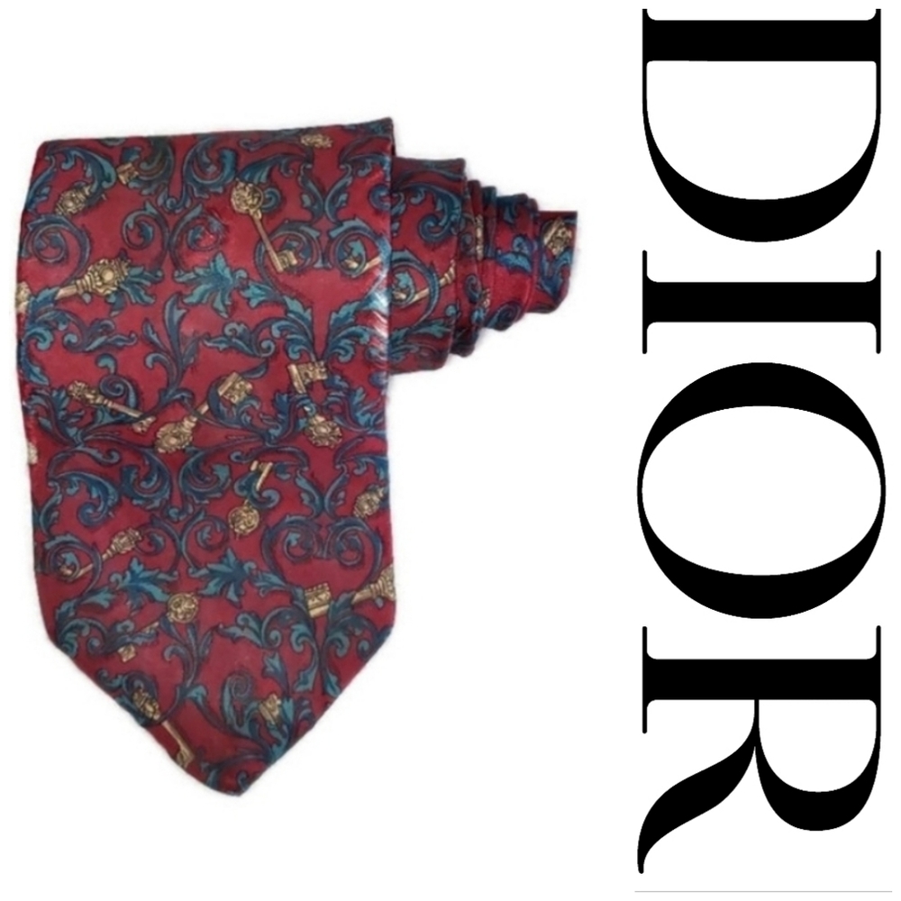 Christian Dior Men's Necktie red background with golden keys and green trellises